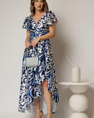 Rochie asimetrica din satin cu imprimeuri bleumarin si decolteu petrecut
