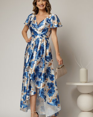 Rochie asimetrica din satin cu imprimeuri albastre si decolteu petrecut