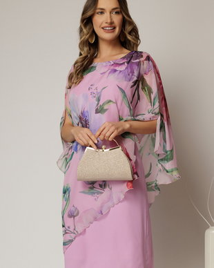 Rochie midi roz eleganta cu capa din voal cu imprimeu floral