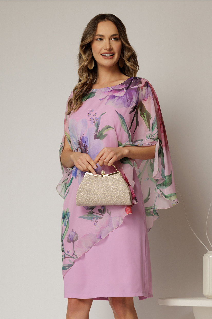 Rochie midi roz eleganta cu capa din voal cu imprimeu floral
