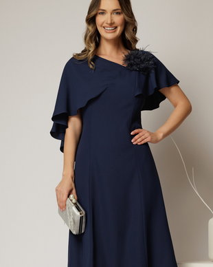 Rochie midi bleumarin cu croi in clini si detaliu floral la bust