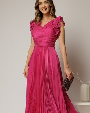 Rochie midi fucsia din voal plisat cu decolteu V si volanase la maneci