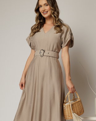 Rochie midi bej de zi din rayon cu decolteu V si curea in talie