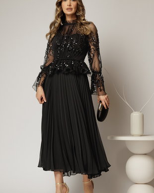 Rochie midi neagra de seara din voal plisat cu perle si paiete
