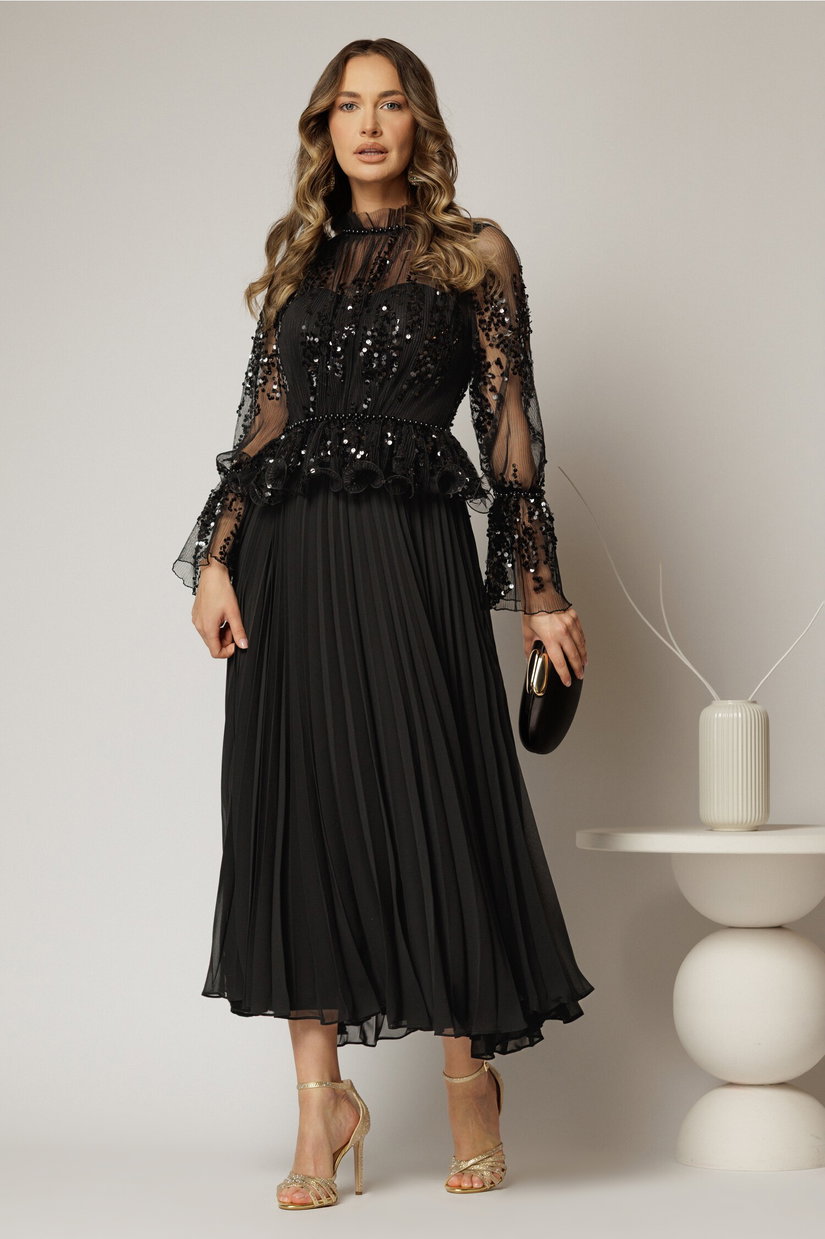 Rochie midi neagra de seara din voal plisat cu perle si paiete