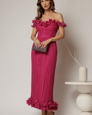 Rochie midi fucsia de ocazie cu bust tip corset si fusta plisata