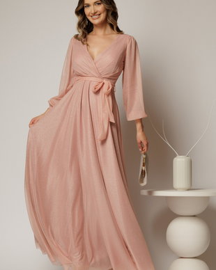 Rochie lunga roz cu glitter cu decolteu petrecut si cordon in talie