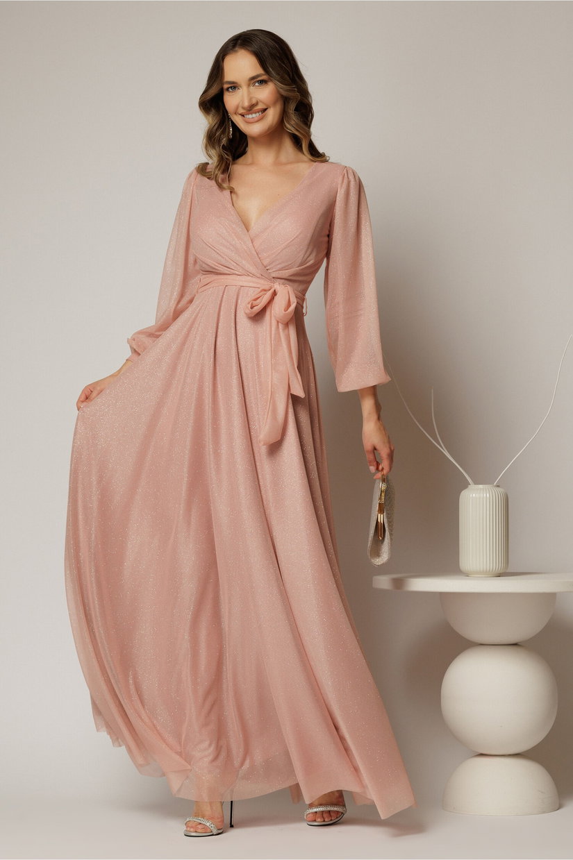 Rochie lunga roz cu glitter cu decolteu petrecut si cordon in talie