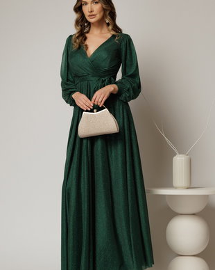 Rochie lunga verde cu glitter cu decolteu petrecut si cordon in talie