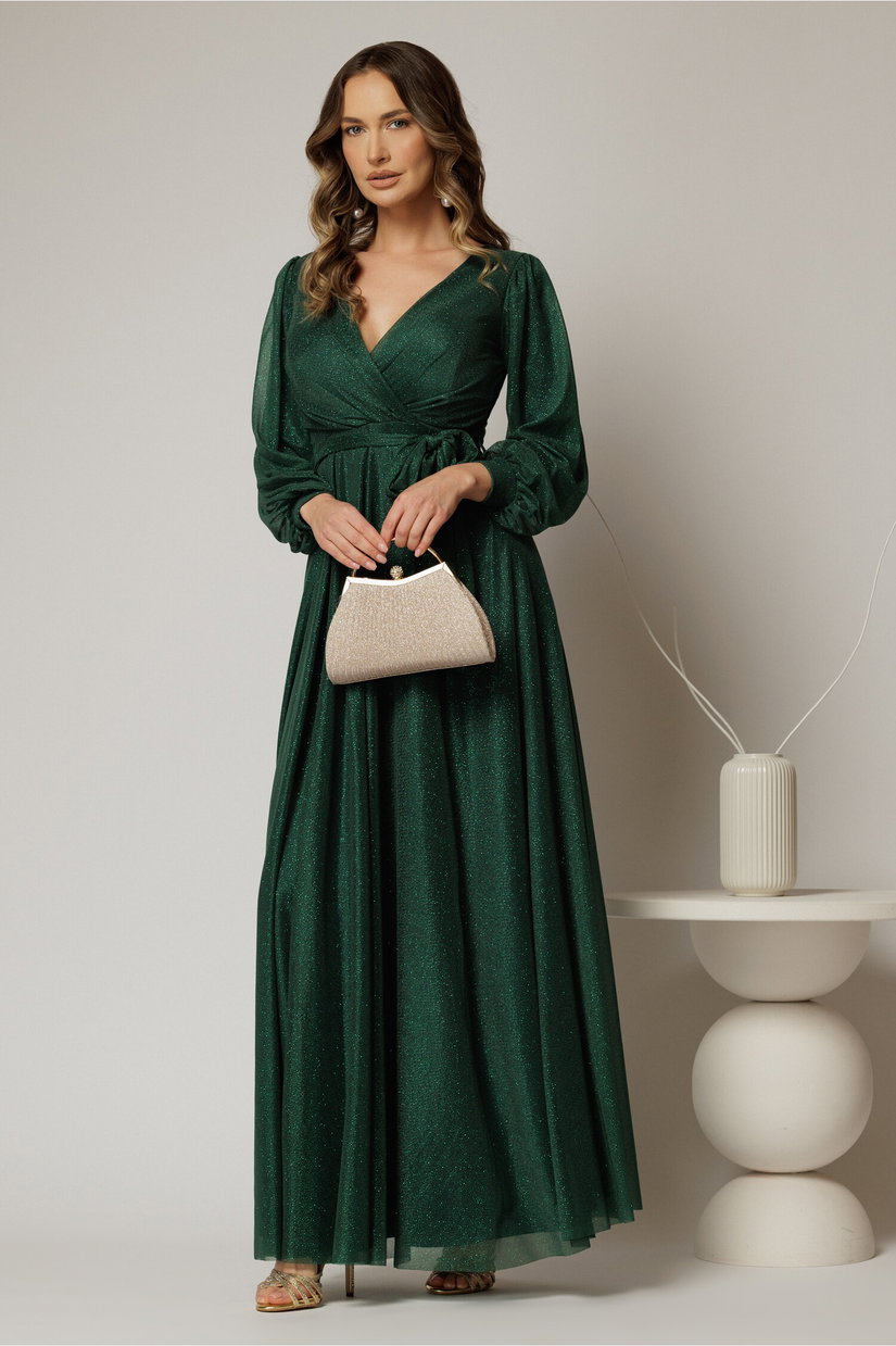 Rochie lunga verde cu glitter cu decolteu petrecut si cordon in talie