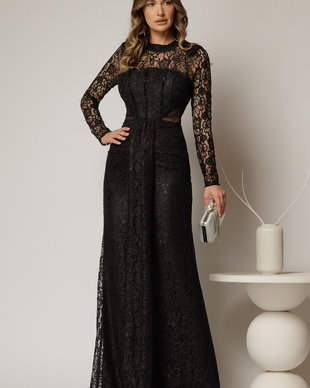 Rochie lunga neagra de seara din dantela cu crepeu pe fusta