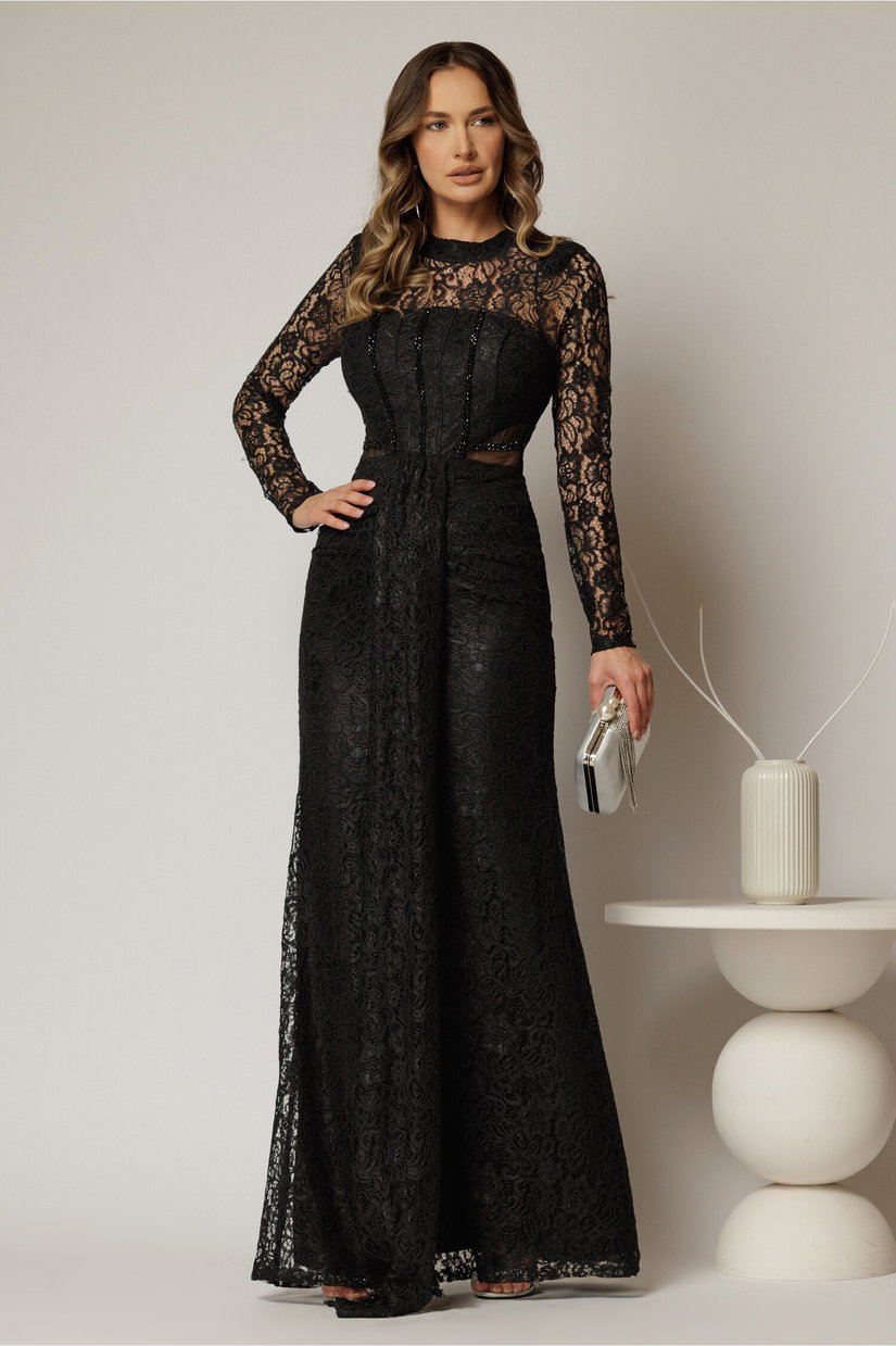 Rochie lunga neagra de seara din dantela cu crepeu pe fusta