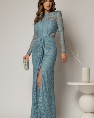 Rochie lunga bleu de seara din dantela cu crepeu pe fusta