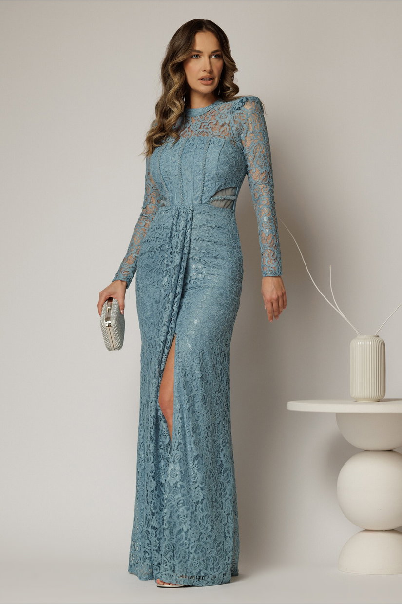 Rochie lunga bleu de seara din dantela cu crepeu pe fusta