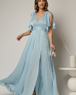 Rochie DY Fashion bleu lunga de seara cu decolteu adanc si funde ample