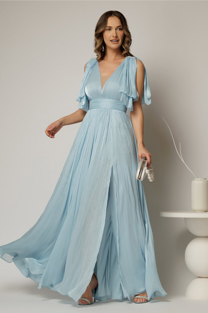 Rochie DY Fashion bleu lunga de seara cu decolteu adanc si funde ample