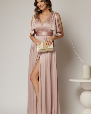 Rochie DY Fashion roz lunga de seara cu decolteu adanc si funde ample