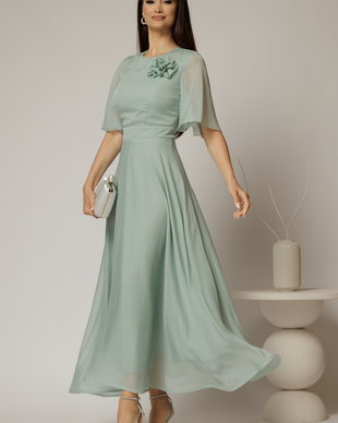 Rochie DY Fashion lunga verde menta din voal cu fir lurex in clos cu accesoriu la bust