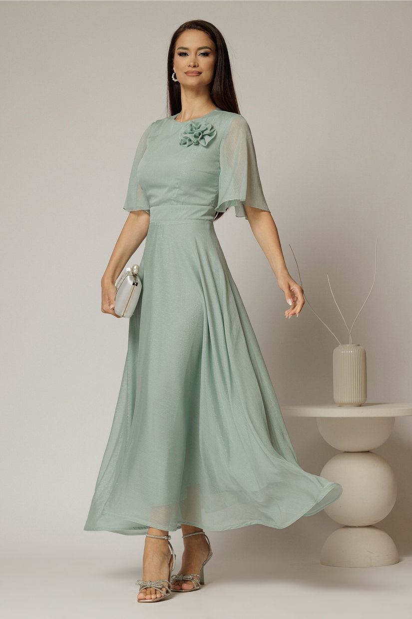 Rochie DY Fashion lunga verde menta din voal cu fir lurex in clos cu accesoriu la bust