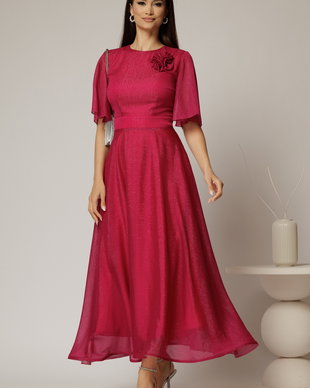 Rochie DY Fashion lunga magenta din voal cu fir lurex in clos cu accesoriu la bust
