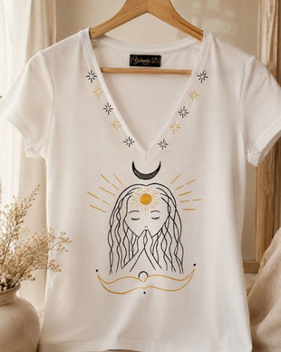 Tricou Motiv Meditativ și Luna Pictat Manual Unicat