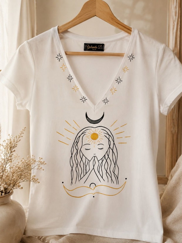 Tricou Motiv Meditativ și Luna Pictat Manual Unicat