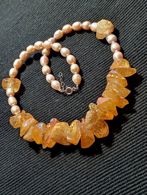 Colier argint cuart aura titan brut perle naturale de cultura boho chic trendy
