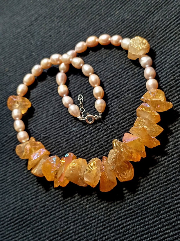 Colier argint cuart aura titan brut perle naturale de cultura boho chic trendy
