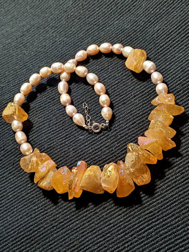 Colier argint cuart aura titan brut perle naturale de cultura boho chic trendy