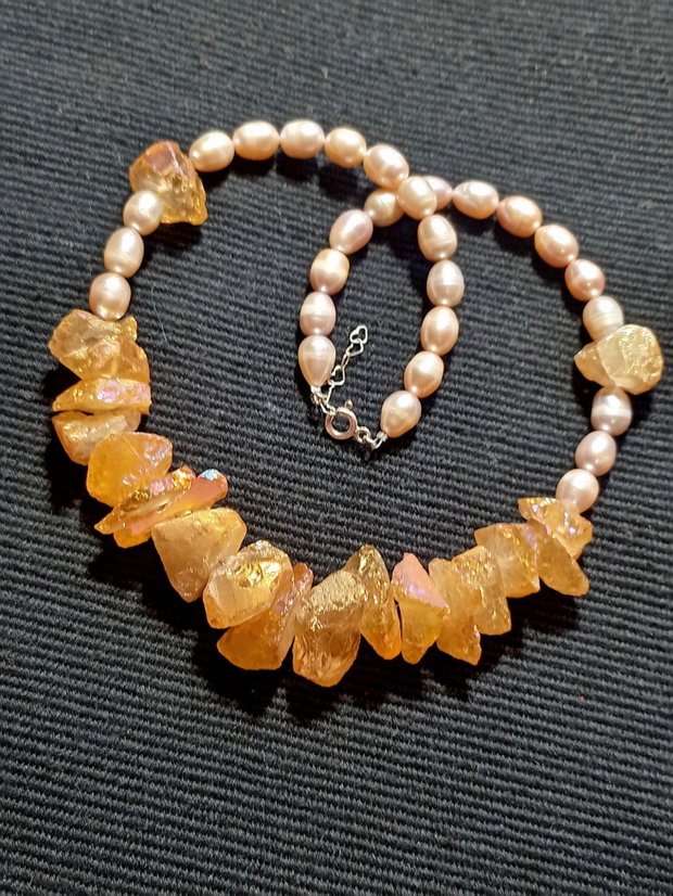 Colier argint cuart aura titan brut perle naturale de cultura boho chic trendy