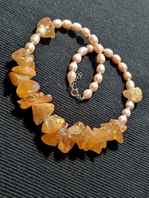 Colier argint cuart aura titan brut perle naturale de cultura boho chic trendy