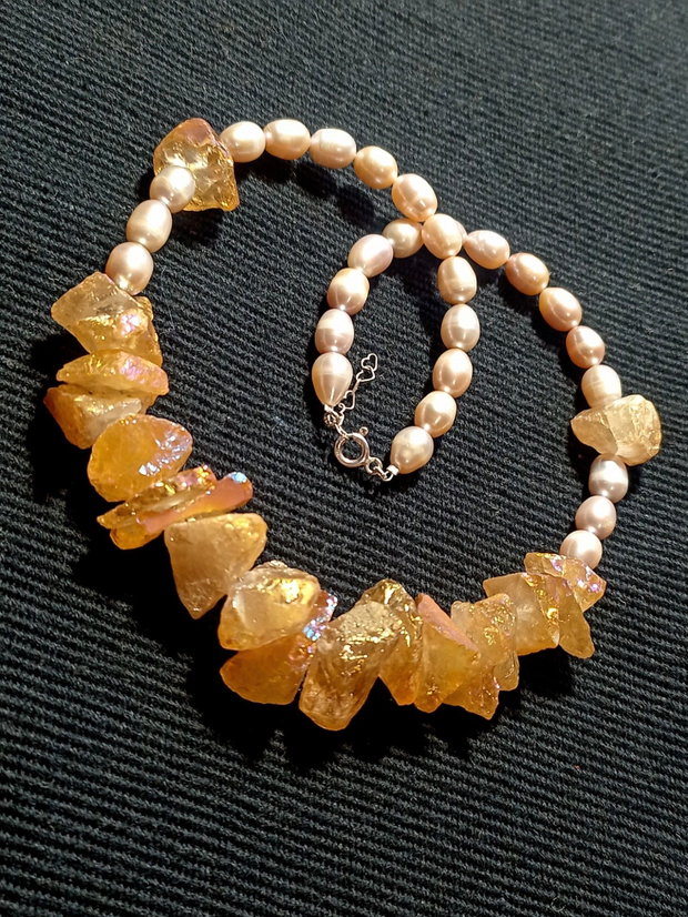 Colier argint cuart aura titan brut perle naturale de cultura boho chic trendy