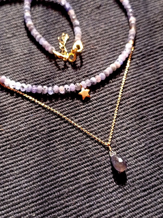 Colier vermeil tanzanit iolit picatura lant charm steluta argint placat cu aur boho chic trendy