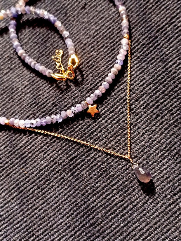 Colier vermeil tanzanit iolit picatura lant charm steluta argint placat cu aur boho chic trendy