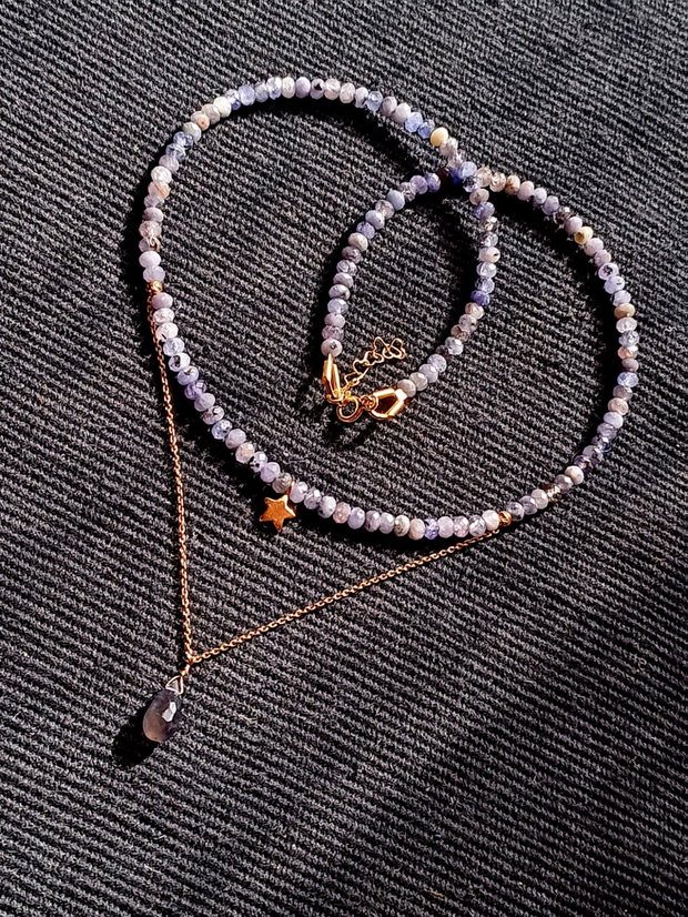 Colier vermeil tanzanit iolit picatura lant charm steluta argint placat cu aur boho chic trendy