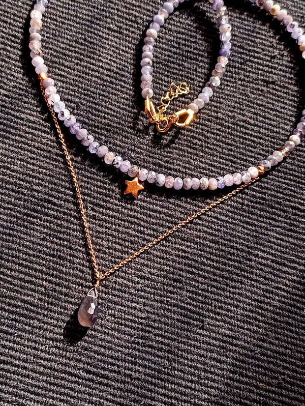 Colier vermeil tanzanit iolit picatura lant charm steluta argint placat cu aur boho chic trendy