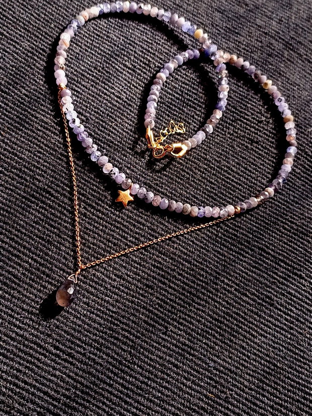 Colier vermeil tanzanit iolit picatura lant charm steluta argint placat cu aur boho chic trendy