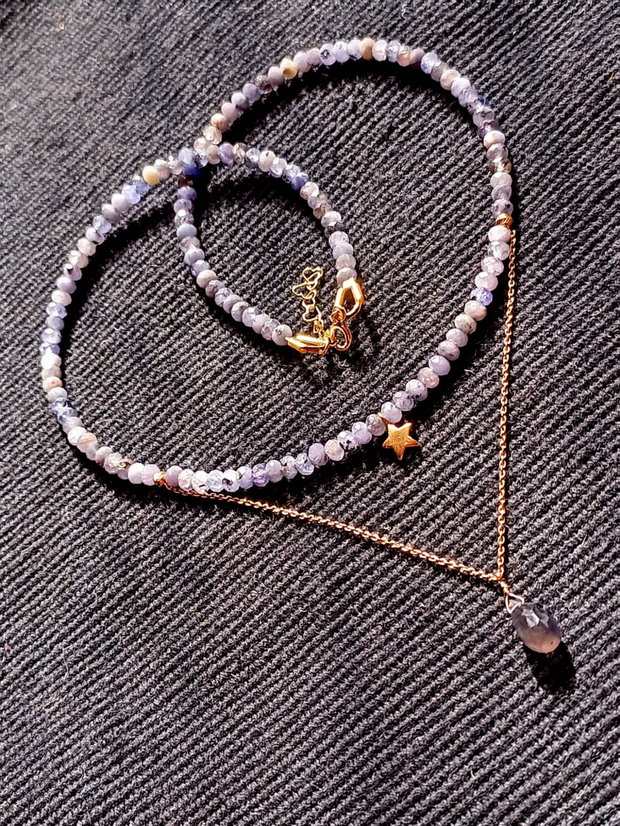 Colier vermeil tanzanit iolit picatura lant charm steluta argint placat cu aur boho chic trendy