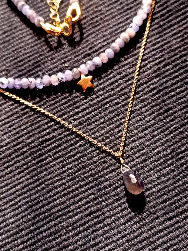 Colier vermeil tanzanit iolit picatura lant charm steluta argint placat cu aur boho chic trendy