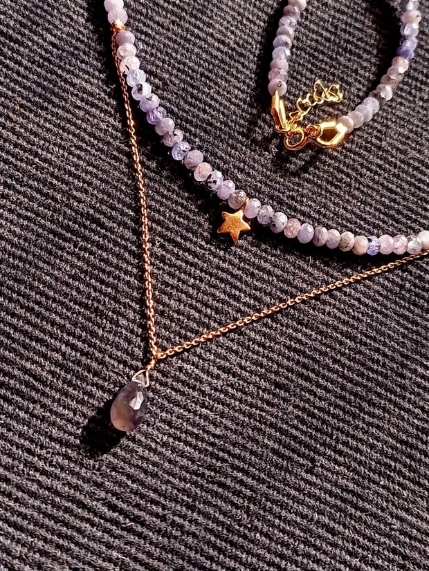 Colier vermeil tanzanit iolit picatura lant charm steluta argint placat cu aur boho chic trendy