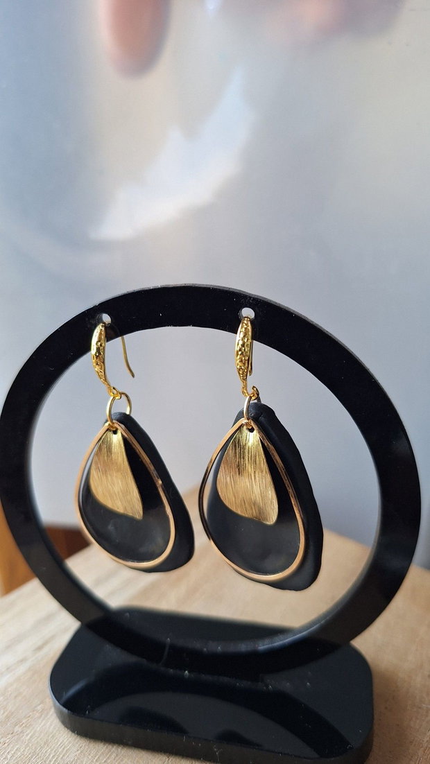 Cercei Statement Negri din Lut Polimeric Formă de Lacrimă cu Accente Metalice Aurii, Stil Elegant-Minimalist, Handmade