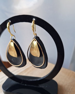 Cercei Statement Negri din Lut Polimeric  Formă de Lacrimă cu Accente Metalice Aurii, Stil Elegant-Minimalist, Handmade
