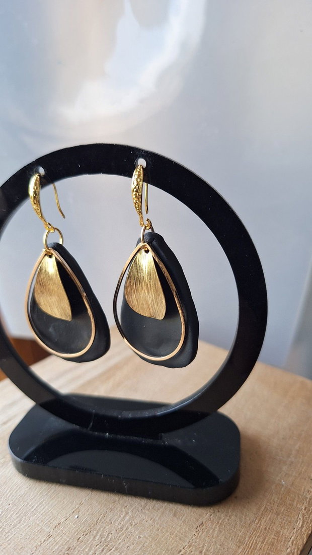 Cercei Statement Negri din Lut Polimeric Formă de Lacrimă cu Accente Metalice Aurii, Stil Elegant-Minimalist, Handmade