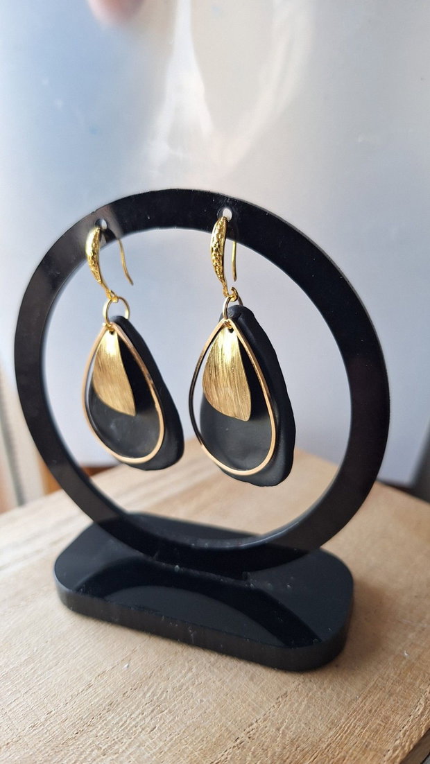 Cercei Statement Negri din Lut Polimeric Formă de Lacrimă cu Accente Metalice Aurii, Stil Elegant-Minimalist, Handmade
