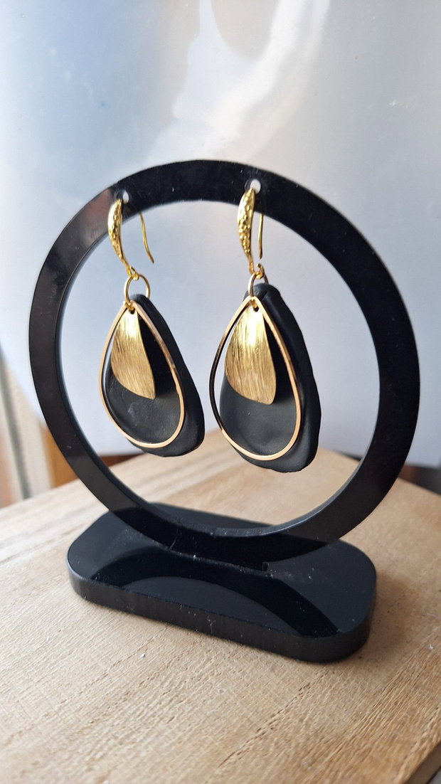 Cercei Statement Negri din Lut Polimeric Formă de Lacrimă cu Accente Metalice Aurii, Stil Elegant-Minimalist, Handmade