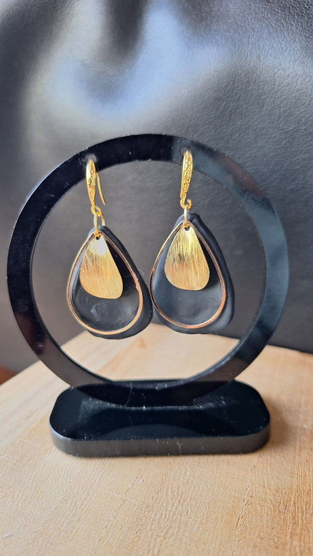 Cercei Statement Negri din Lut Polimeric Formă de Lacrimă cu Accente Metalice Aurii, Stil Elegant-Minimalist, Handmade
