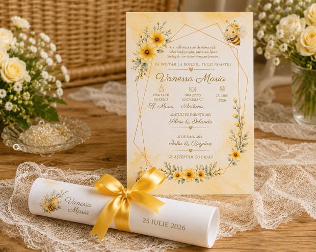 Invitații de botez tematică Albinuță