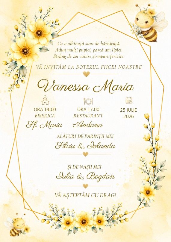 Invitații de botez tematică Albinuță