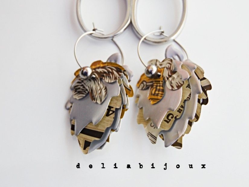 Cercei statement handmade unicat - doze aluminiu reciclate - frunze și flori suprapuse (cod1439)