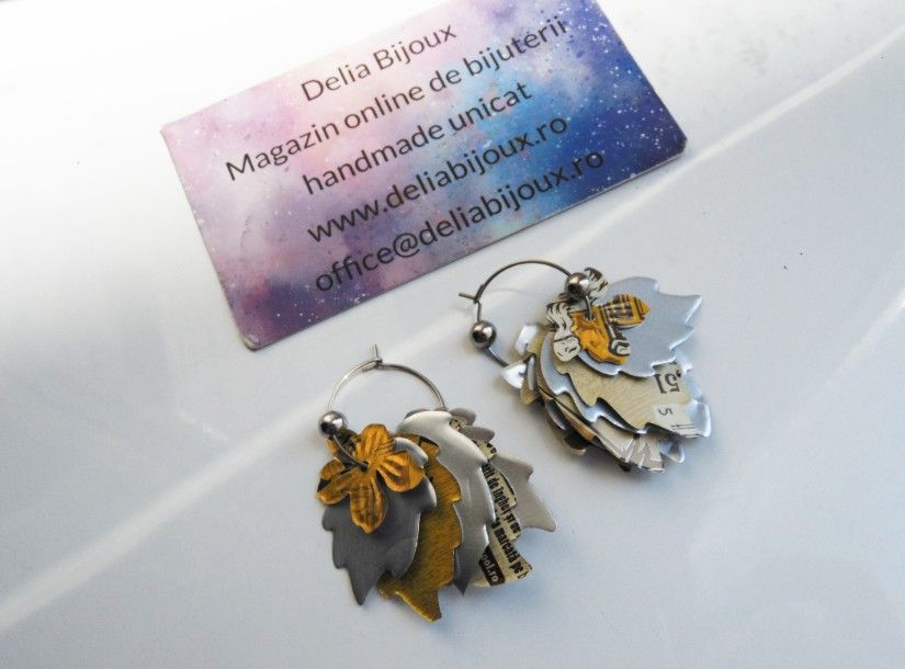 Cercei statement handmade unicat - doze aluminiu reciclate - frunze și flori suprapuse (cod1439)